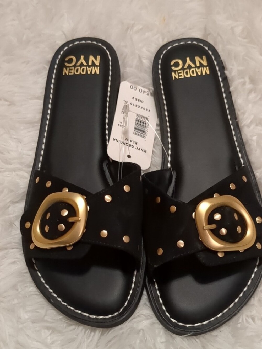 Madden NYC Black Slide Sandals with Gold Buckle Size 9